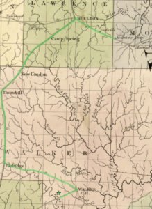 Burr's 1839 map of Alabama and Georgia, detail on Lawrence, Morgan, and Walker counties, showing possible migration route from Danville (Houston's Store) to Jasper (Walker C.H.).